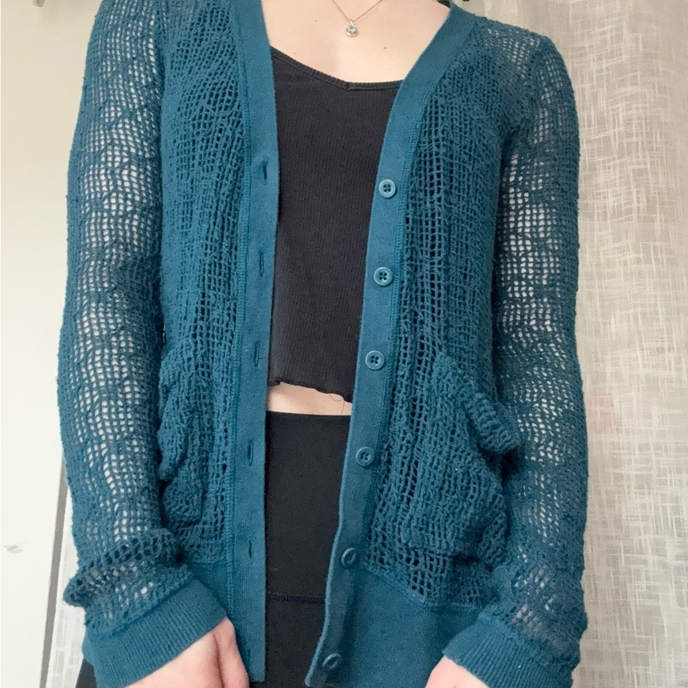 Free People Beach Teal Open-Weave Button Cardigan With Pockets